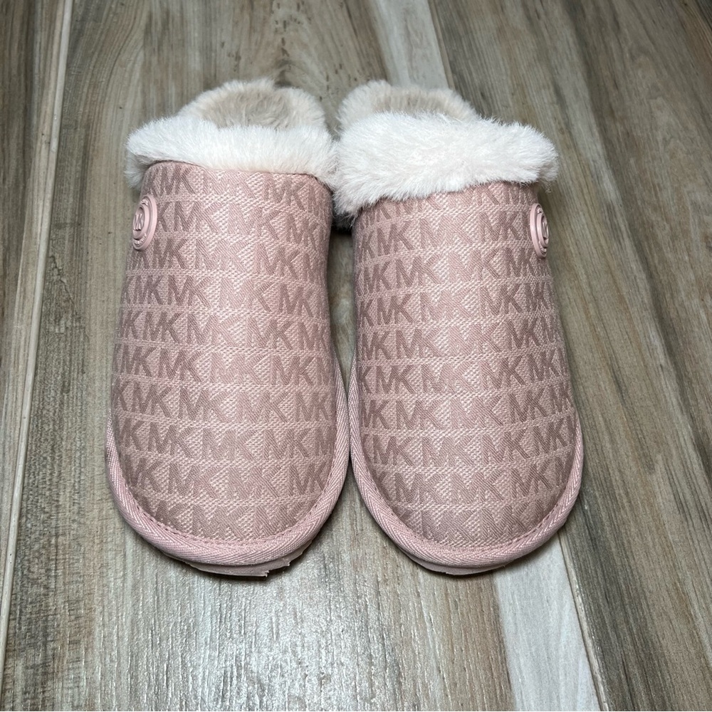 Michael Kors Janis Signature Logo Print, Faux Fur Lined Slippers, Pink, Womens 6 - Picture 3 of 10